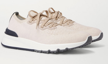 Load image into Gallery viewer, Brunello Cucinelli Suede Trimmed Knitted Sneakers Cream/Navy Blue