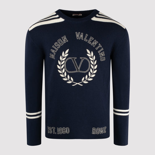 Valentino Navy Logo-Embroidered Wool Jumper